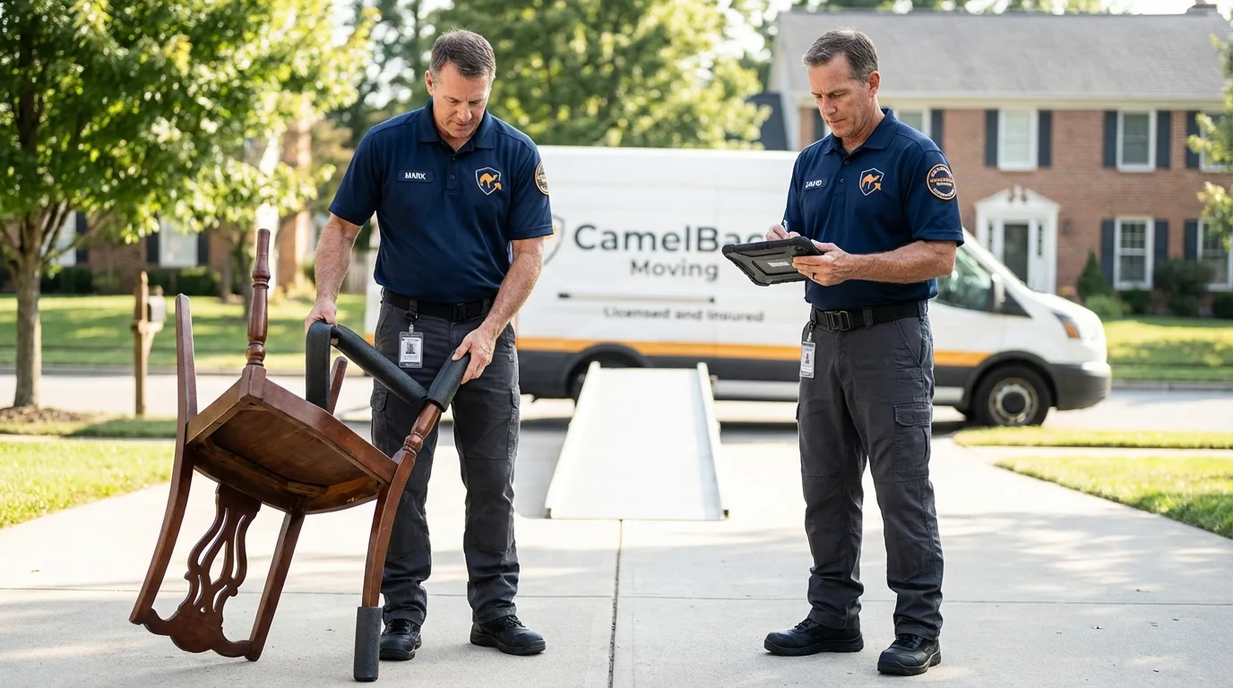 Movers inspecting furniture for damage prevention before loading in Pembroke Pines, FL