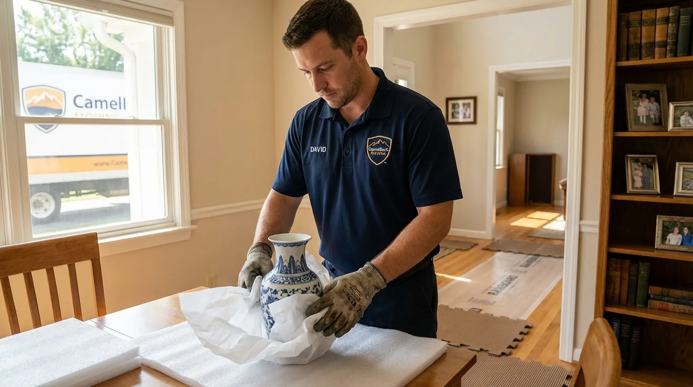 Professional crew carefully wrapping antique vase for senior downsizing move in Pembroke Pines, FL